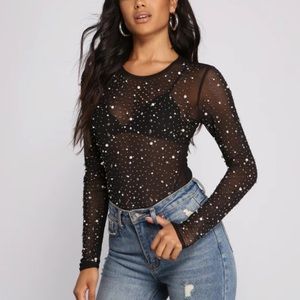 Windsor Mesh Rhinestone and Pearl Bodysuit